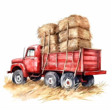 side view realistic watercolor drawing of bales of hay on a rustic red truck on a farm, on a white background where the background will be removed to repurpose as a clipart.