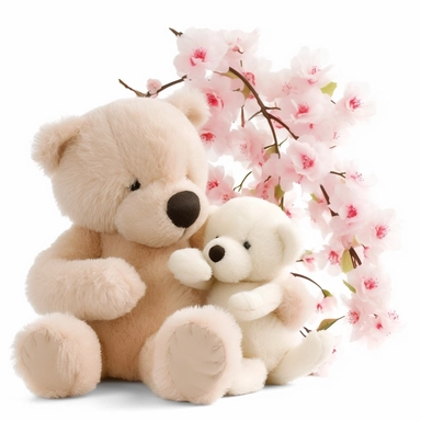 clipart of fluffy baby teddy bear sleeping in her mother's arms, cute, soft and mellow colors, cherry blossome environment, octan renderer, dept of field white background, cutout