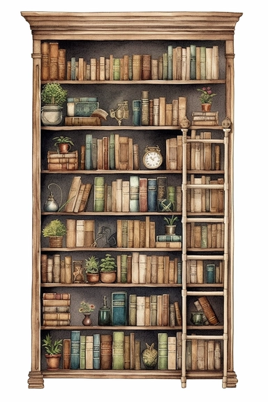 Large bookshelf vintage style clipart, separated, water color, white background