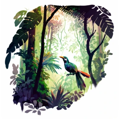 Holographic Rainforest, where birds soar through the colorful canopy. Watercolor clipart. The natural lighting casts intricate shadows throughout the lush greenery, bringing the jungle to life. The adventurous colors add excitement to the scene, with a best view composition that transports you deep into the heart of the rainforest.