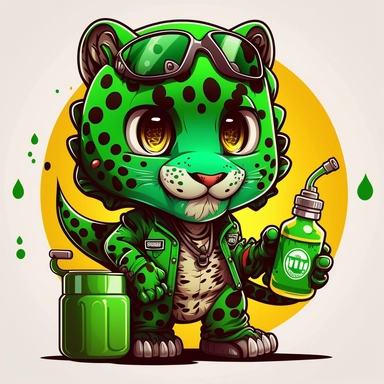 Mascot for a fuel brand, funny green leopard, clipart style, supercute, v4
