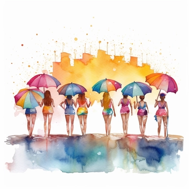 watercolor clipart of a bachelorette party, Depict a beach scene with sun, sand, and a group of friends enjoying beach activities, incorporating beach balls, cocktails, and colorful umbrellas to capture the carefree and lively spirit of a bachelorette party. ,isolated background,