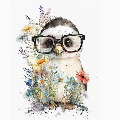 Winter, christmas, white background, watercolor, adorable baby penguin with glasses, clipart, colorful, floral, winter flowers