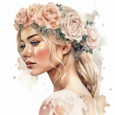 Glamorous and romantic wedding realistic watercolor, the beautiful profile of the bride, wearing an intricate jewelry Juliet cap veil, translucent, multi - layered, delicate, white and pink roses in her hair, very delicate colors, golden hour, fashion photography, watercolor clipart - - ar 3: 2 - - no watermarks, no text