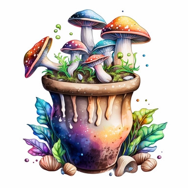 Psychedelic Magic Mushroom Clipart in clay pot, in white background, colorful, lots of smaller mushrooms, realistic, color splash, watercolor painting, unbelievably detailed,