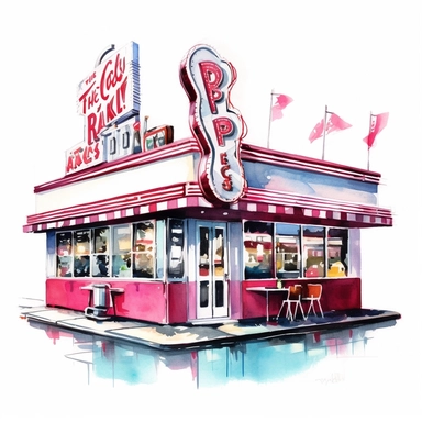 A retro-style diner with chrome accents and neon signs, where people savor delicious milkshakes and classic diner fare, american style, watercolor, clipart