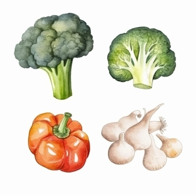 basic watercolor onion, cauliflower, bell pepper, mushroom and Brussel sprout in minimal hand drawn style, Etsy, textured, clipart, white background