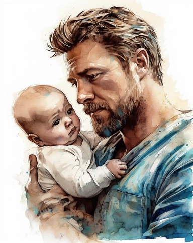 DESIGN A MAGNIFICENT AND EXQUISITE BREATHTAKING ONE-OF-A-KIND HIGH QUALITY HIGHLY DETAILED MASTERPIECE WATERCOLOR CLIPART ILLUSTRATION OF A man is holding a baby, in the style of eric wallis, light brown and sky-blue, handsome, noah bradley, close-up, watercolor, marvel comics, ULTRA REALISTIC, WHITE BACKGROUND, NO FONT, NO TEXT, NO WORDS, NO WATERMARK