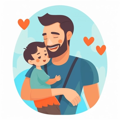 Create a heartfelt Father's Day clipart showcasing a dad hugging his child. The scene should depict a warm, loving moment where they are both smiling, symbolizing their strong bond. The dad can be kneeling or sitting to be at the child's height. Try to incorporate soft, soothing colors to emphasize the loving nature of the scene. Additionally, include a decorative banner at the bottom of the clipart with the phrase 'Dad's Hug, Best Hug'. Please ensure the illustration is clear and high-resolutio