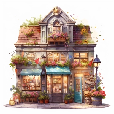 a very cute toy shop with lots of toys , clipart, exterior view, cozy, flowers, luminious, dramatic lighting, super detailed, daytime, Thomas Kinkade style, watercolor, 8k, on isolated white background