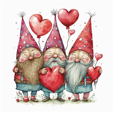 Watercolor happy 3 red gnomes valentine theme with red heart balloons, Clipart, Colorful, Retro, highly detailed on white background