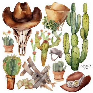 Western Watercolor clipart - Bones - Cactus, Cowboy