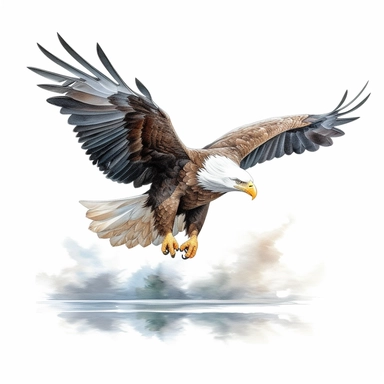 oil painting of bald eagle flying right over water, clipart, white background, hyper detailed