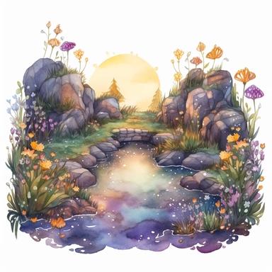 cartoon fairy glen by the River, grass and flowers line the sides if the river, glowing lights and sparkles, colors of green purple gold and blue, glamorous realistic and detailed, watercolor, white background with margins, clipart style