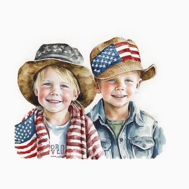 kids in hats, american flag watercolor clipart design, clear outline, white background