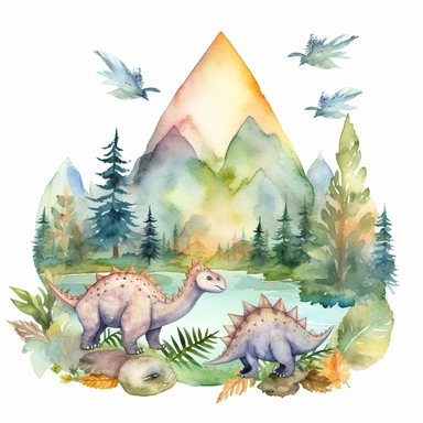friendly, fluffy watercolor dinosaurs clipart, in mountains, forest, separated, seamless, transparent background--AR 3:2