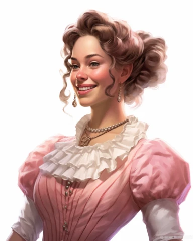 detailed smiling beautiful lady , dressed in a pink victorian vintage dress with necklace, hyper realistic, 8k, isolated on white backgorund, clipart