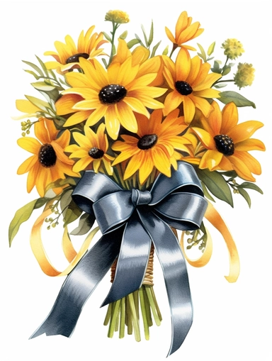 beautiful, bright colors, [black-eyed susans floral bouquet] with a tied bow ribbon, watercolor, cinematic, dramatic, realistic, very detailed, white background, clipart,