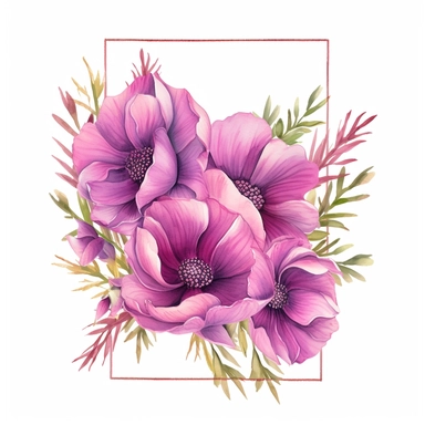 handprinted dark Magenta anemone flower bunch, watercolor, clipart, highly detailed, HD, flowers arranged in a square-shaped frame