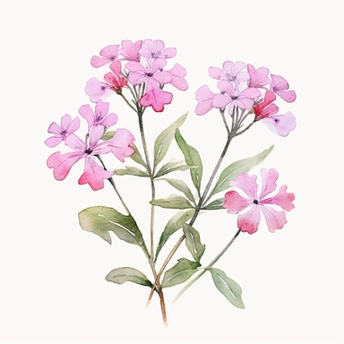 watercolor phlox flowers and leaves clipart,tiny, long branches,hd, on white background, space out