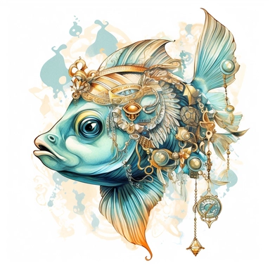 watercolor clipart featuring sea fish, in the style of realism with fantasy elements, exquisite clothing detail, light gold and aquamarine, elaborate beadwork, uhd image, pictorial dreams, surreal illustration