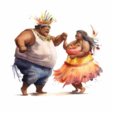 Overweight Indigenous bride and skinny African groom, sharing a heartfelt dance, emotional and sincere, watercolor, Pixar style, Clipart on a white background.