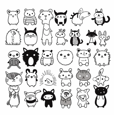 childrens coloring book, white background, thick lines, minimalistic, black and white, clipart character sheet, happy animals wearing clothes