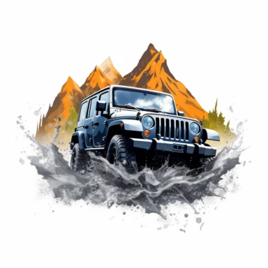 create a png format of a black Jeep splashing in a river with big mountains in the background clipart