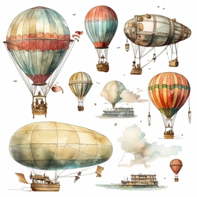 Set of watercolor clipart, vintage aircraft. Balloons, dirigibles, airplanes. Design element.