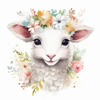floral cute lamb clipart, original hand drawing, watercolor, understated and flawless for t shirt and cup printing, happy cute smily, transparent background, realistic painting, portrait without writing , style of the artwork, mood of the artwork, vector, contour , white background, 8K quality, ultra detailed , without signature and without meaningless lines, clipart, white background, High Quality, no writting background, no writting, ultra detailed, no symbol, without logo and emblem