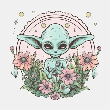 sticker, thick border, the green alien stands in the middle of flowers, in the style of charming sketches, cute and dreamy, light blue and pink, child-like innocence, pulpy sci-fi, tattoo, alan bean, clipart, vector, contour, solid white background
