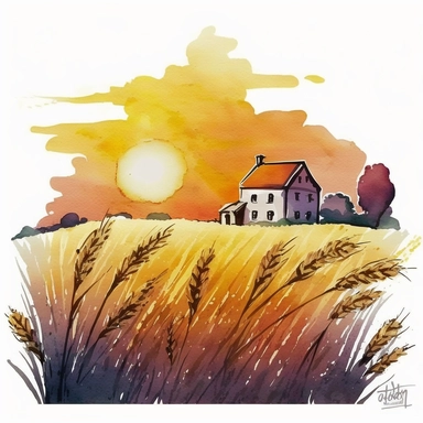 A clipart, A field of wheat crops with a country sunset in the background and a farmhouse, only one clipart, white background, vibrant colors, cartoon,style ghibli, hand drawn, watercolor
