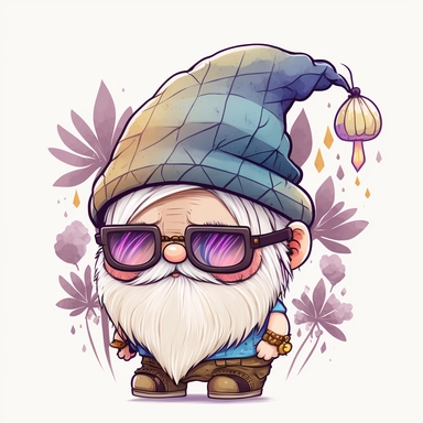 cute chibi happy gnome with big white beard, wearing spike hat, hat is covering the eyes, clipart, line art, in the style of Anni Betts + Christine Battuz, watercolor illustration style 8k, png