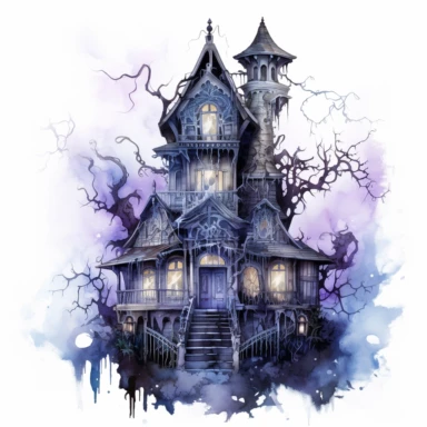 elaborate and detailed watercolor haunted house, clip art, white background