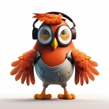 please create pixar style character clipart of an owl wearing headset hip hop, back view with arms flexing, head turned