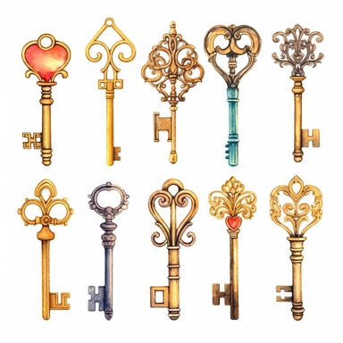 assorted gold keys inspired by Alice in wonderland watercolor illustration, design elements isolated on white background, vintage clip art - Image #4 <@1098423716465102849>
