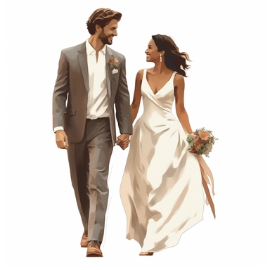 digital clipart on a white background. Bride and groom are walking together, holding hands, their smiles radiating pure joy and love. Clearly painted faces, whole silhouettes, body proportions preserved.