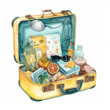 watercolor, hyper realistic, white background, white margins, 16k, ultra detailed clipart, cut out image, hand-drawn, whimsical a suitcase, sunglasses, a camera, a road map, and a snack cooler, all in shades of yellow and teal