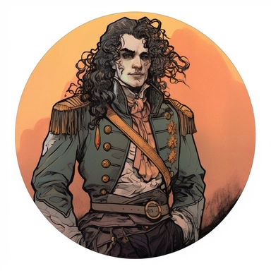 Abigail Larson's portrait of a regency military uniform orientalism noble, Josh Kirby Mad Max Lord of the Rings, handpainted punk zine indie retrowave film poster, clipart illustration, circle plain solid background, circular border