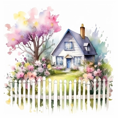 clipart, isolated on white background, beautiful cute Watercolor Spring Cottage - cute little house with fence and chimney, tree and flowers, ornated, pastel colors