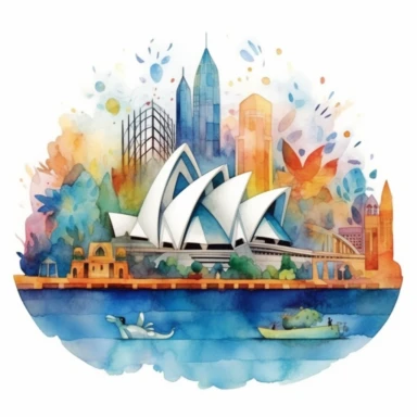 Very cute and Whimsical [quirky cityscape in Australia sydney opera, kangaroo] colorful, Watercolored illustration in the style of Michael Powell, clipart, white background