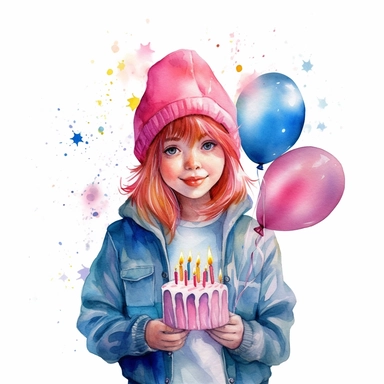 watercolor of a birthday child girl isolated on a white background, detailed ,realistic ,rtx on,textural richness,colorful imagery,digital illustration, clipart,