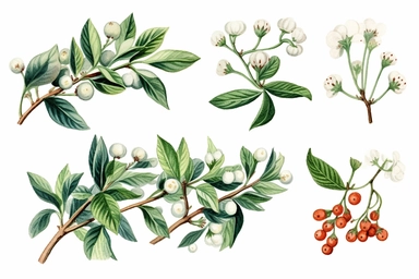 christmas mistletoe floral clipart, illustration of mistletoe wreath, in the style of installation creator, symbolist creations, painted illustrations, rustic texture, cinquecento, commission for, japanese-inspired motifs