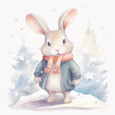 Cute RABBIT clipart ,happy expression, standing on the snow in dynamic pose, front side, in the style of watercolor cartoon clipart, kate greenaway style, high resolution, composition free space, pastel color scheme, soft and tender, watercolour clipart, watercolor illlustration for kids and children,isolated white background, clipart most popular on etsy, book illustration, featured on dribble,print on demand image, PNG tranparent background,composition medium shot, no text