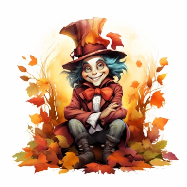 mad hatter from disney sitting on so many mapple leaves, smiling, halloween, full body image, pixar style, clipart, white background, fall scene, bright colors