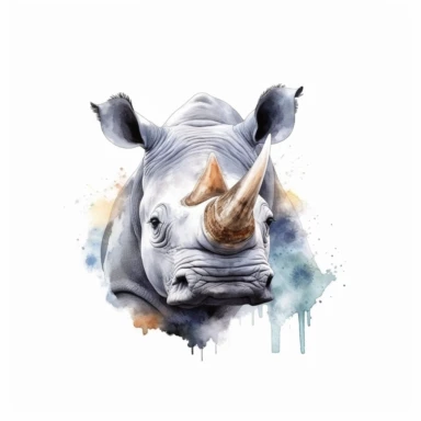 realistic watercolor rhino heads up with a bird standing on its horn on solid white background, clipart