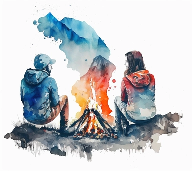 watercolor and pencil, camping, happy couple is sitting on opposite side of the camp fire and looking at each other, beautiful mountain behind, white background, isolated clipart