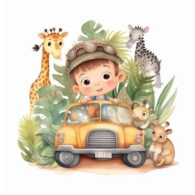 Watercolor clipart, A super cute happy boy and safari animals, in a jungle jeep, illustration watercolor style, minimalistic, clipart, children's book illustration, hd, 16k, 4k, isolated white background, single design, single object, watercolor illustration by mark ryden, print on demand image, PNG transparent background, solid white background for Clipart