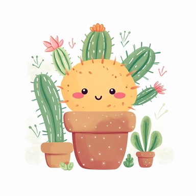 Step into a whimsical summer wonderland with a charming clipart illustration featuring an adorable cactus in a playful cartoon style against a pristine white background. Picture a lovable cactus with a friendly expression and vibrant details, embodying the carefree spirit of summer. Utilize a vibrant and lively color palette, incorporating shades of cheerful greens, warm yellows, and playful accents of pink or orange, to capture the sunny and playful nature of the season. Enhance the composition