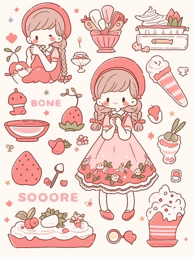 a sticker clipart drawing of a girl with a strawberry and, in the style of booru, dreamlike motifs, group material, outdoor scenes, sleepycore, collecting and modes of display, light pink and red
